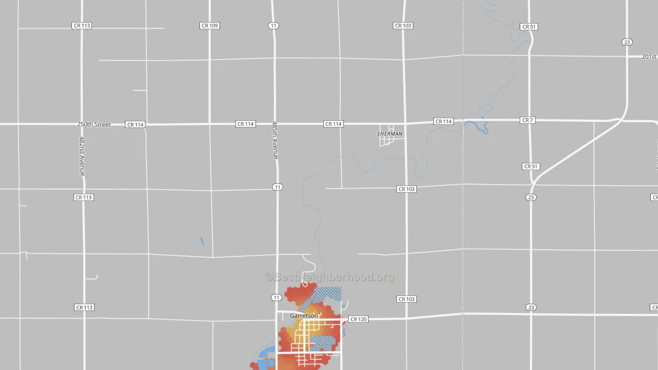 Walk Grade map of Sherman, SD, walkable areas in green and car-dependent areas in red