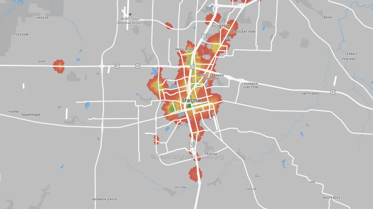 Walk Grade map of Sherman, TX, walkable areas in green and car-dependent areas in red