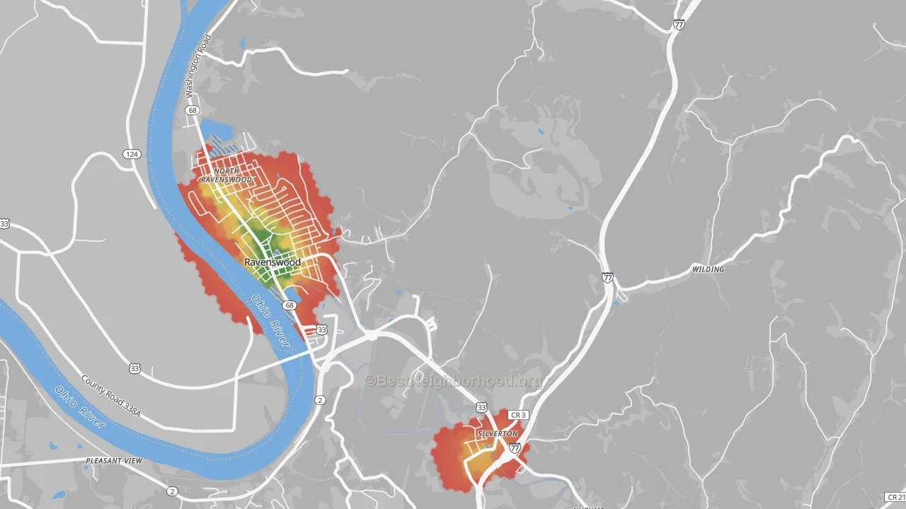 Walk Grade map of Sherman, WV, walkable areas in green and car-dependent areas in red