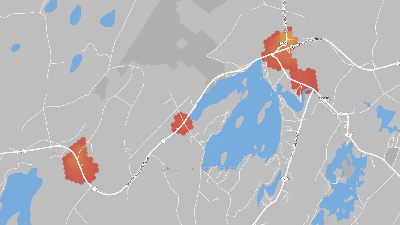 Walk Grade map of Shermans Corner, ME, walkable areas in green and car-dependent areas in red