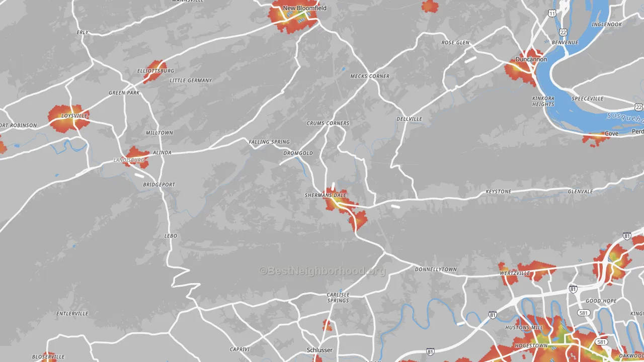 Walk Grade map of Shermans Dale, PA, walkable areas in green and car-dependent areas in red