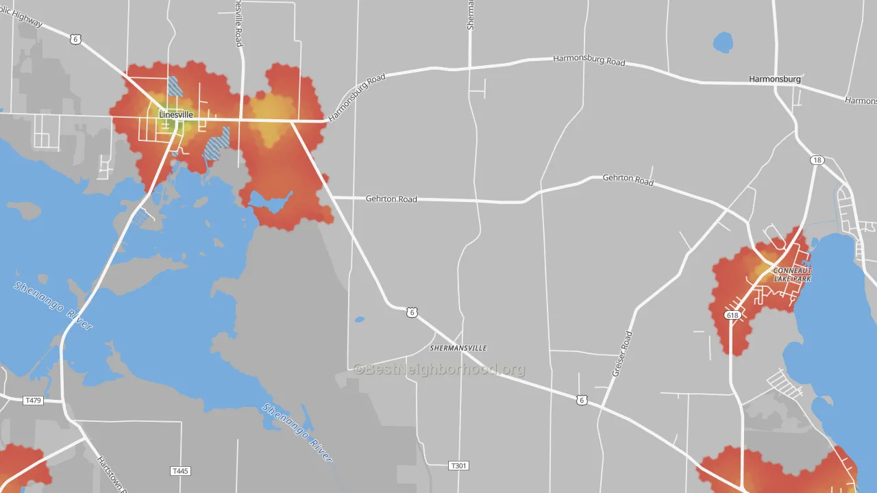 Walk Grade map of Shermansville, PA, walkable areas in green and car-dependent areas in red