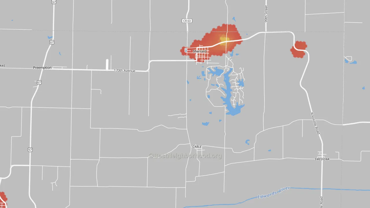 Walk Grade map of Sherrard, IL, walkable areas in green and car-dependent areas in red