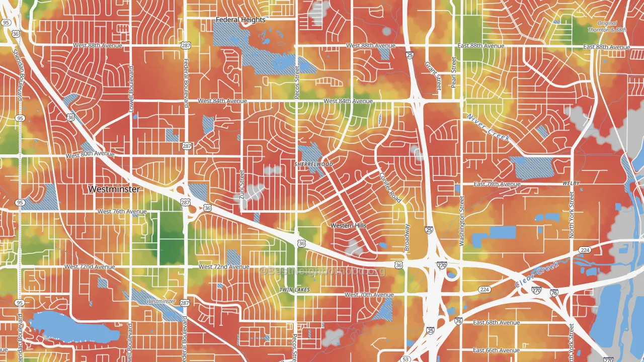 Walk Grade map of Sherrelwood, CO, walkable areas in green and car-dependent areas in red