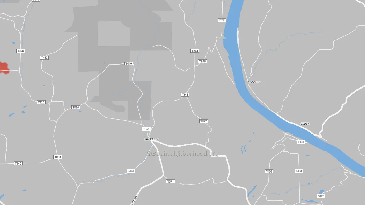 Walk Grade map of Sherrett, PA, walkable areas in green and car-dependent areas in red