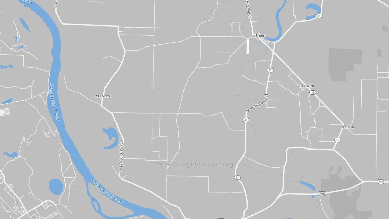 Walk Grade map of Sherrill, AR, walkable areas in green and car-dependent areas in red