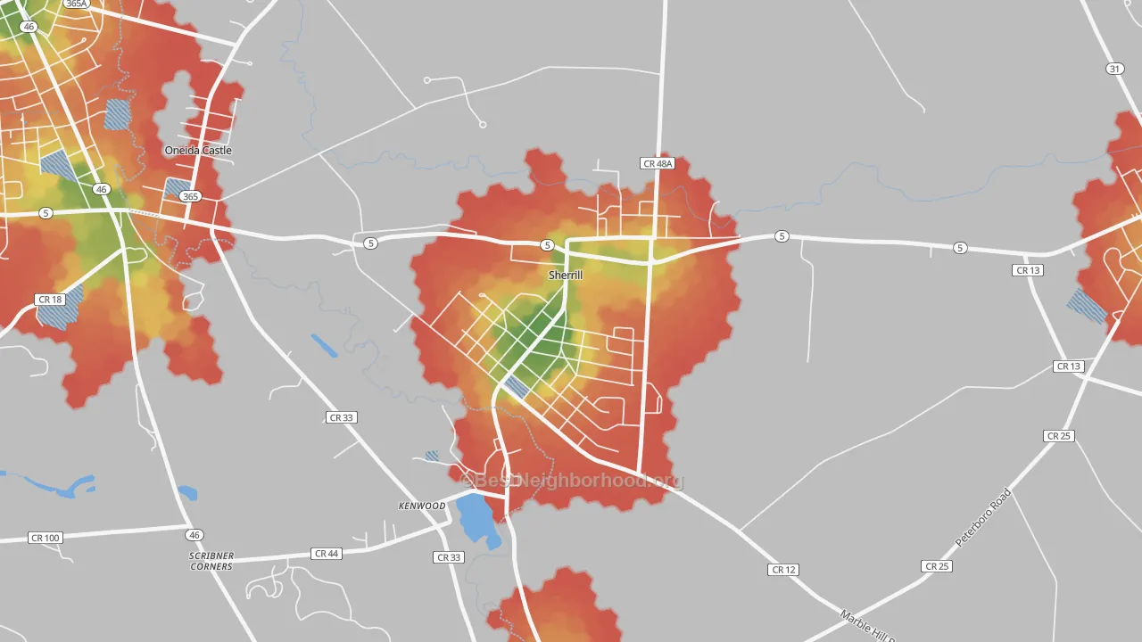 Walk Grade map of Sherrill, NY, walkable areas in green and car-dependent areas in red