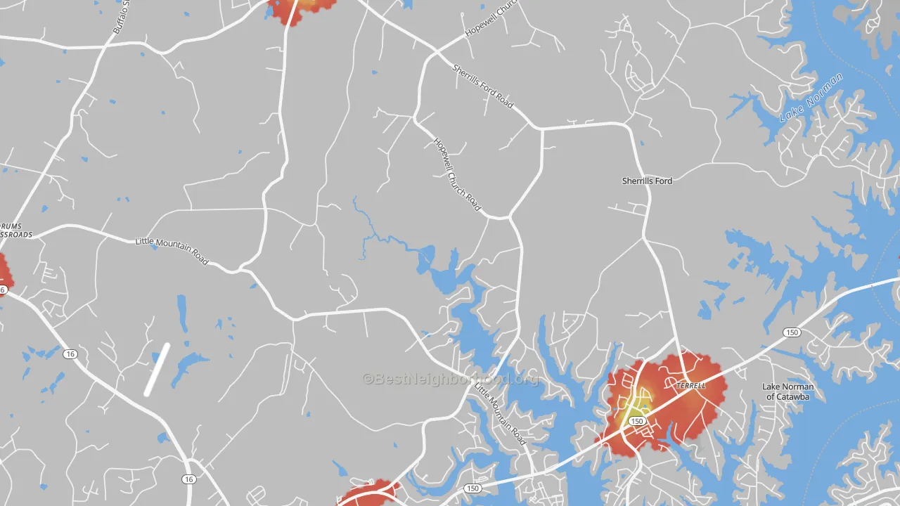 Walk Grade map of Sherrills Ford, NC, walkable areas in green and car-dependent areas in red