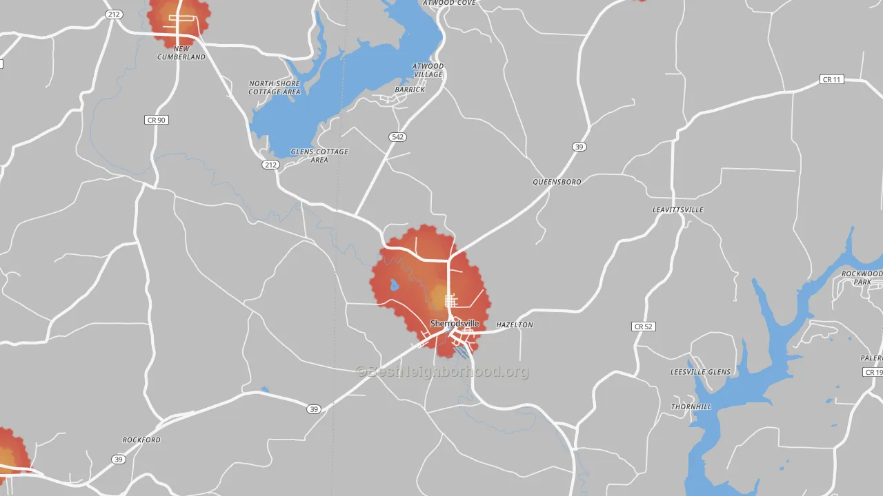 Walk Grade map of Sherrodsville, OH, walkable areas in green and car-dependent areas in red