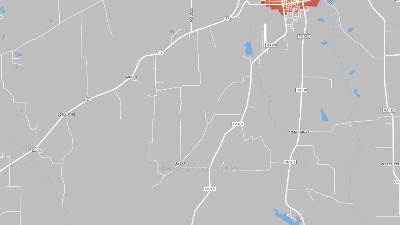 Walk Grade map of Sherry, TX, walkable areas in green and car-dependent areas in red