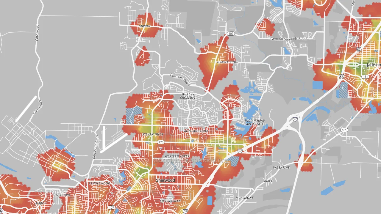Walk Grade map of Sherwood, AR, walkable areas in green and car-dependent areas in red