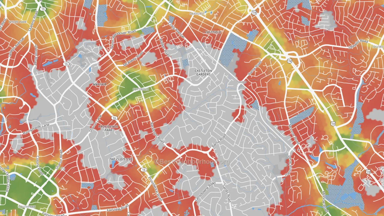 Walk Grade map of Sherwood Forest, Charlotte, NC, walkable areas in green and car-dependent areas in red