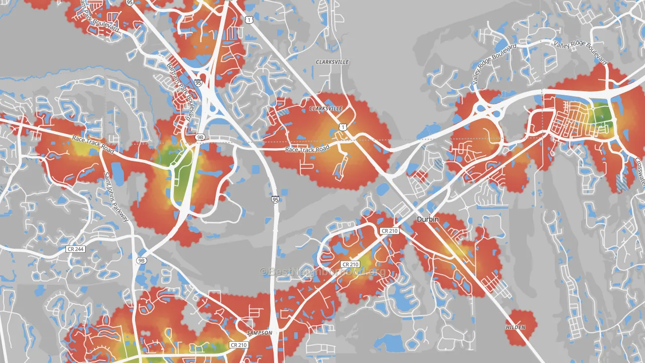 Walk Grade map of Sherwood Forest, FL, walkable areas in green and car-dependent areas in red
