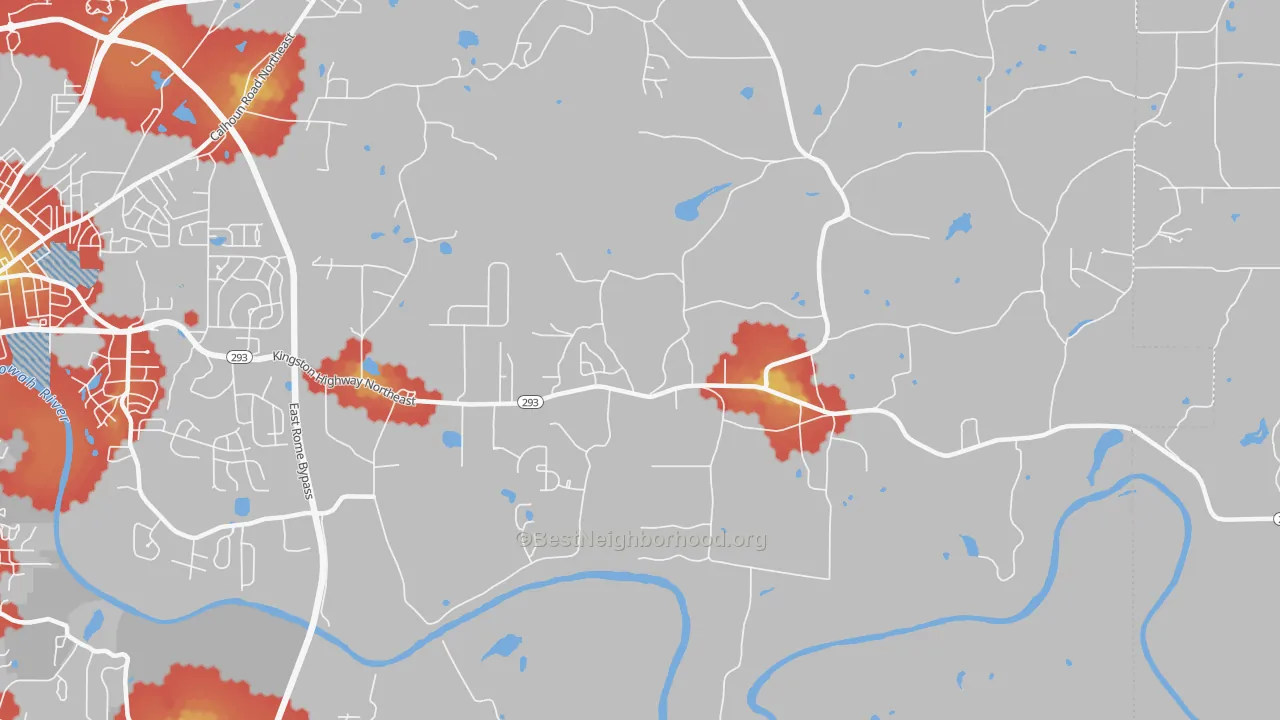 Walk Grade map of Sherwood Forest, GA, walkable areas in green and car-dependent areas in red