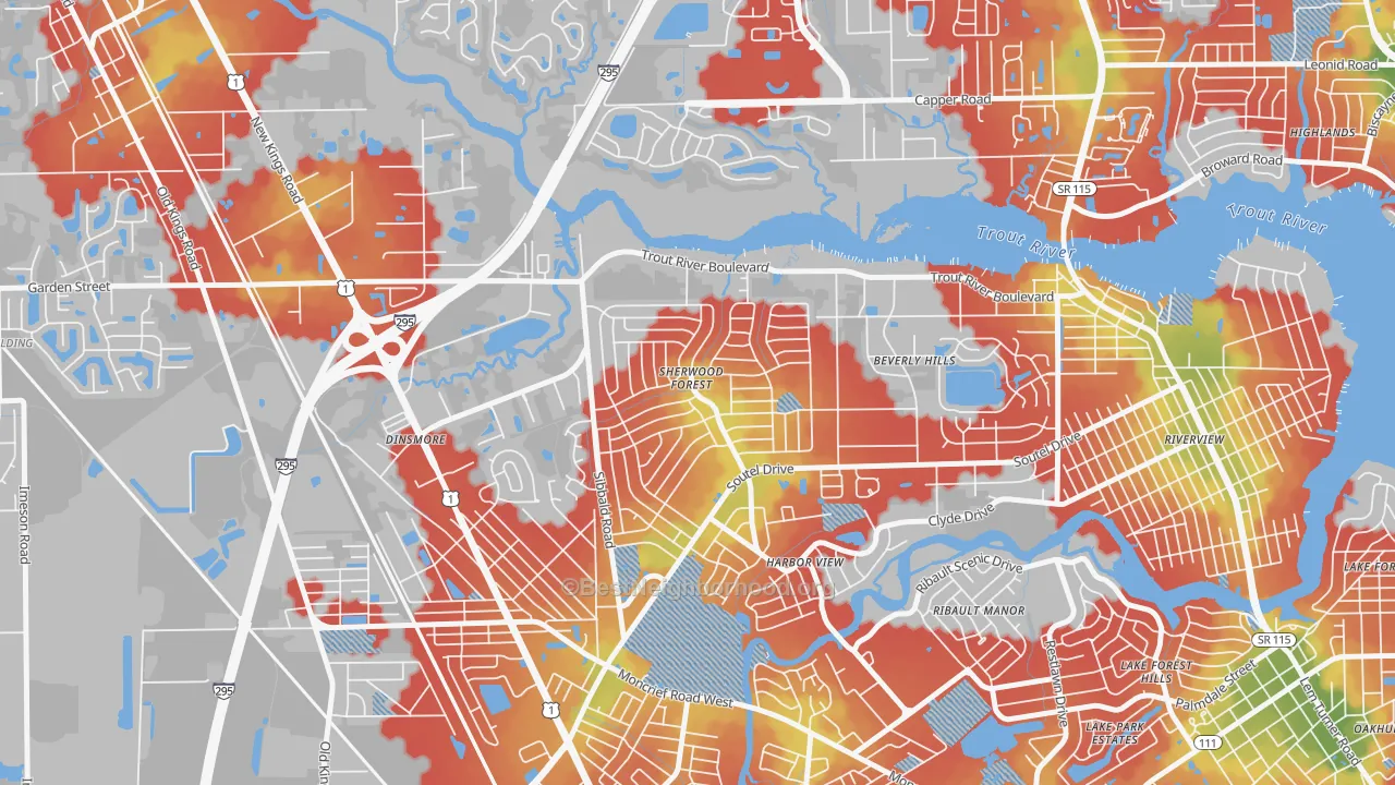 Walk Grade map of Sherwood Forest, Jacksonville, FL, walkable areas in green and car-dependent areas in red