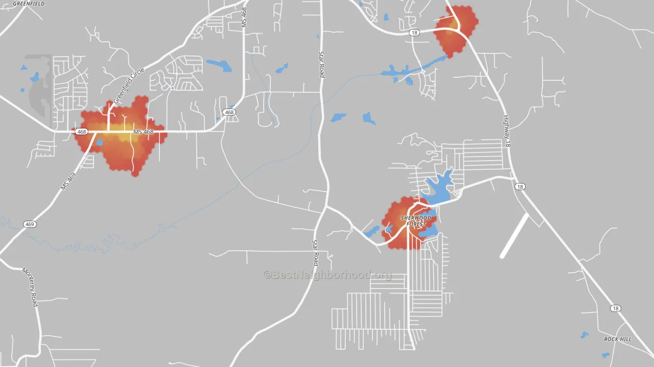 Walk Grade map of Sherwood Forest, MS, walkable areas in green and car-dependent areas in red