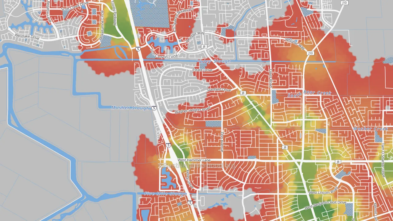Walk Grade map of Sherwood Manor, Stockton, CA, walkable areas in green and car-dependent areas in red