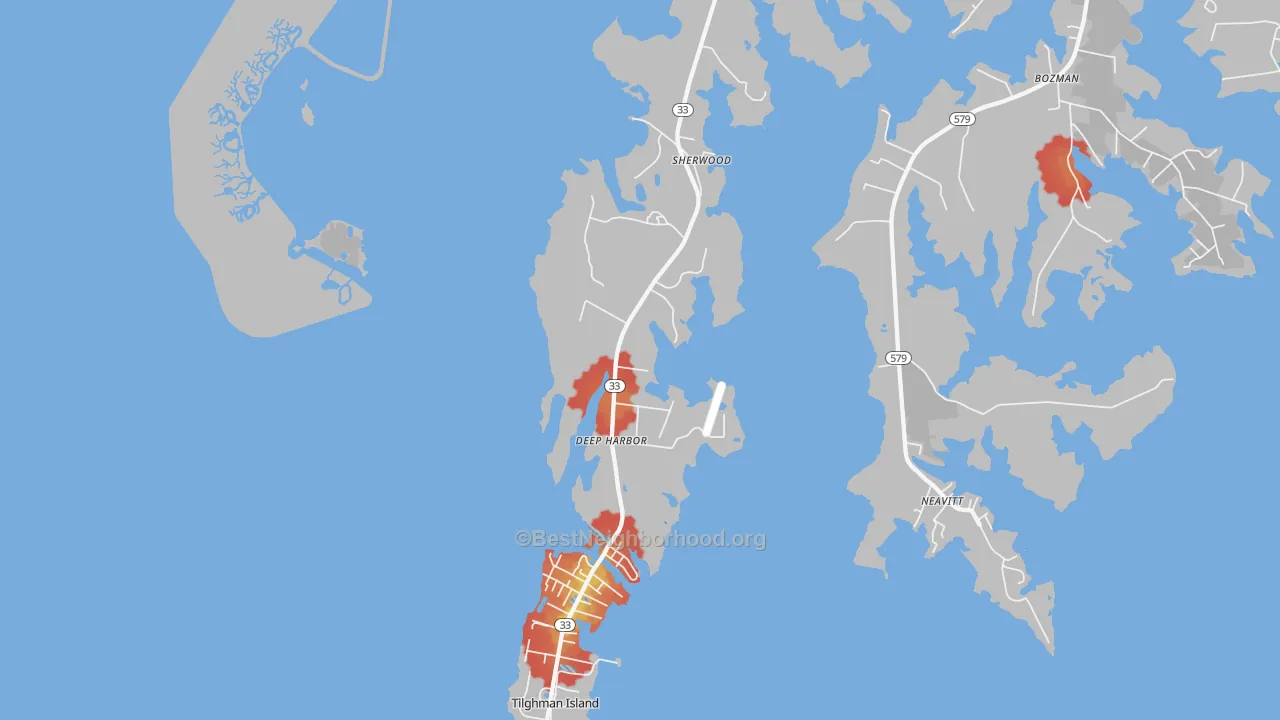 Walk Grade map of Sherwood, MD, walkable areas in green and car-dependent areas in red