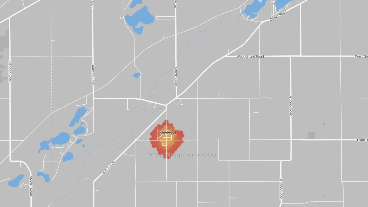 Walk Grade map of Sherwood, MI, walkable areas in green and car-dependent areas in red