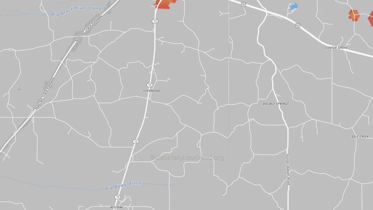 Walk Grade map of Sherwood, MS, walkable areas in green and car-dependent areas in red
