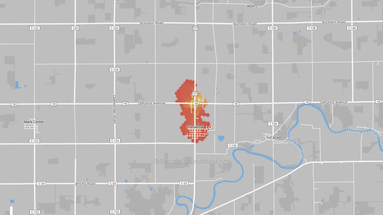Walk Grade map of Sherwood, OH, walkable areas in green and car-dependent areas in red