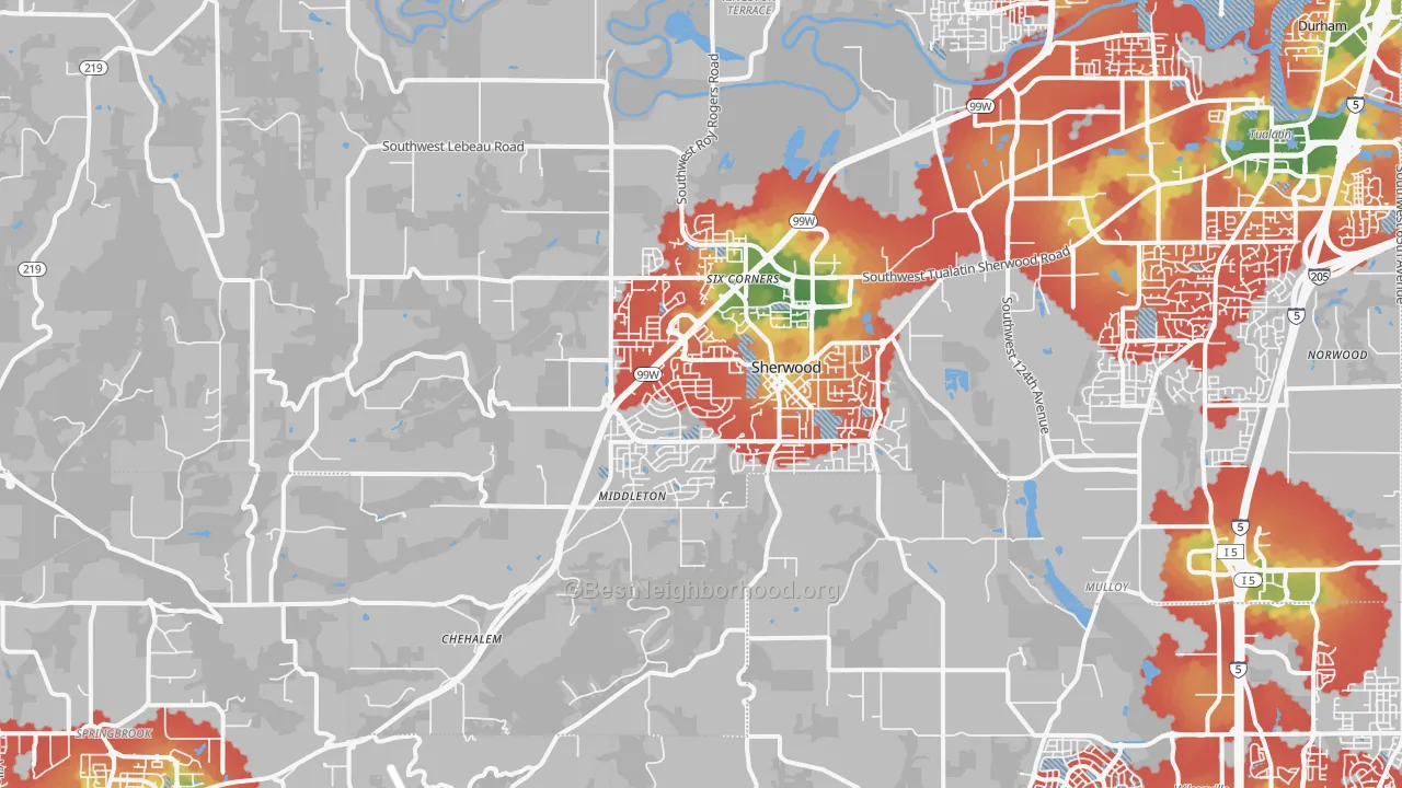 Walk Grade map of Sherwood, OR, walkable areas in green and car-dependent areas in red