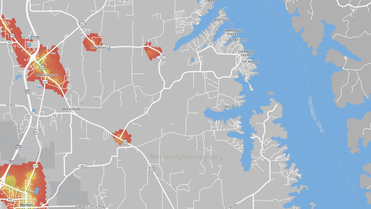 Walk Grade map of Sherwood Shores, KY, walkable areas in green and car-dependent areas in red