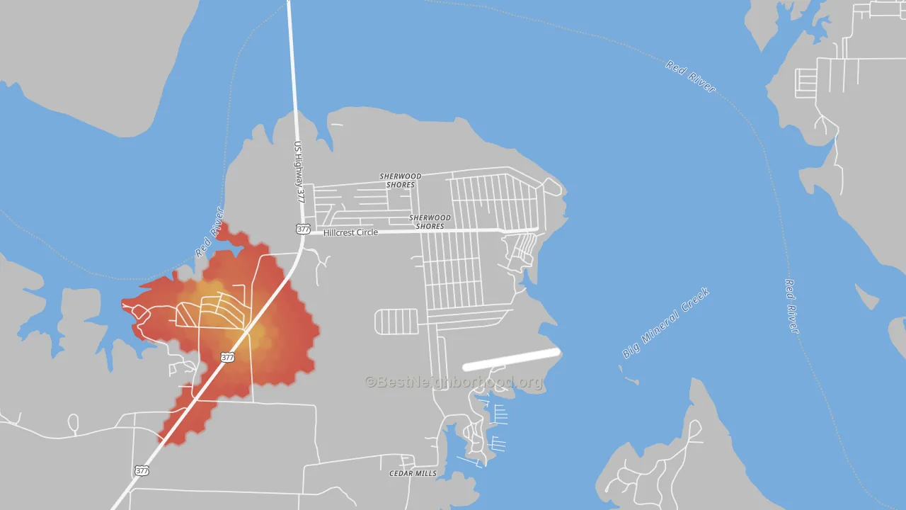 Walk Grade map of Sherwood Shores, TX, walkable areas in green and car-dependent areas in red
