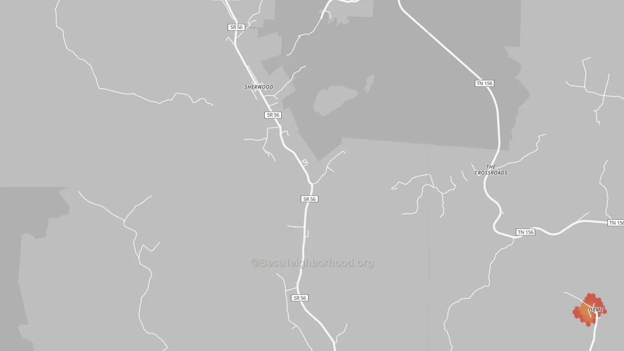 Walk Grade map of Sherwood, TN, walkable areas in green and car-dependent areas in red