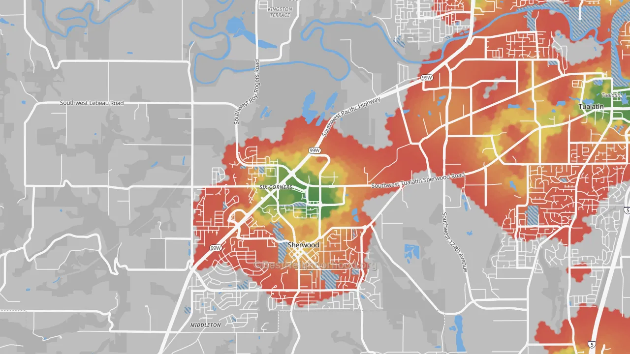 Walk Grade map of Sherwood-Tualatin North, Sherwood, OR, walkable areas in green and car-dependent areas in red