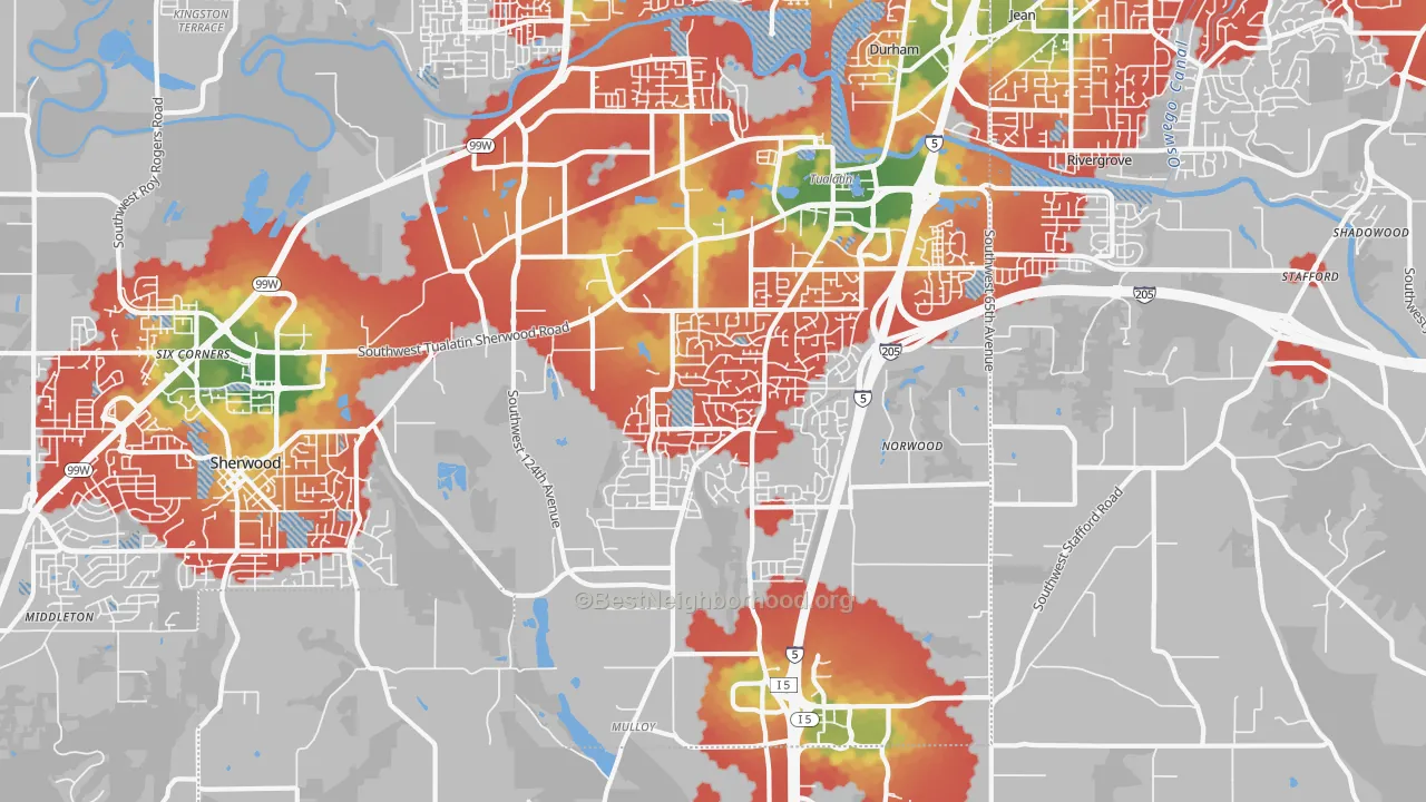 Walk Grade map of Sherwood-Tualatin South, Tualatin, OR, walkable areas in green and car-dependent areas in red
