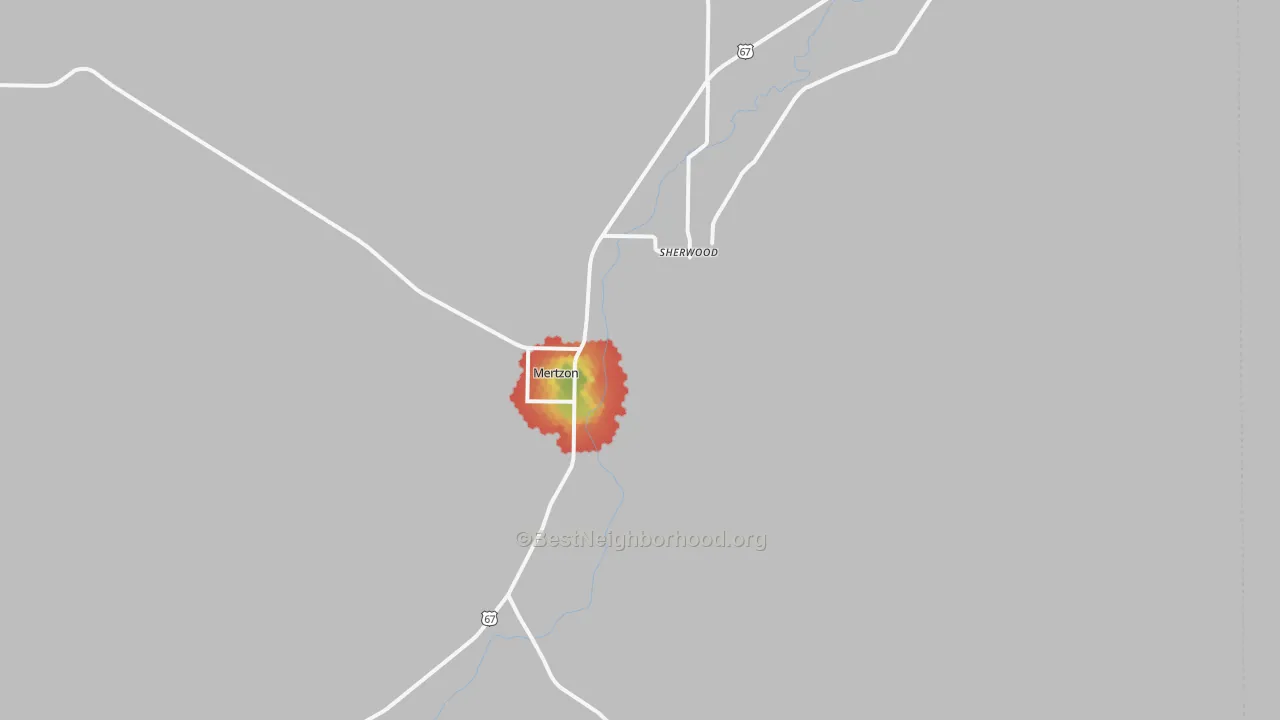 Walk Grade map of Sherwood, TX, walkable areas in green and car-dependent areas in red