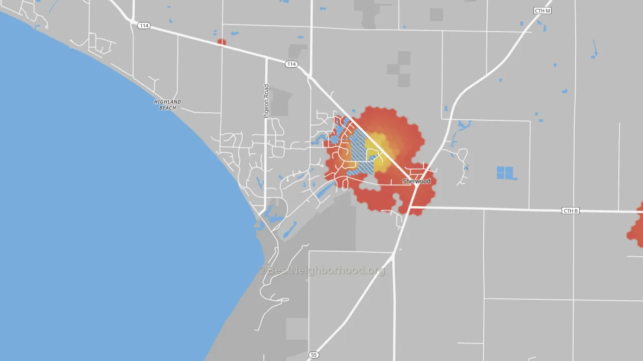 Walk Grade map of Sherwood, WI, walkable areas in green and car-dependent areas in red