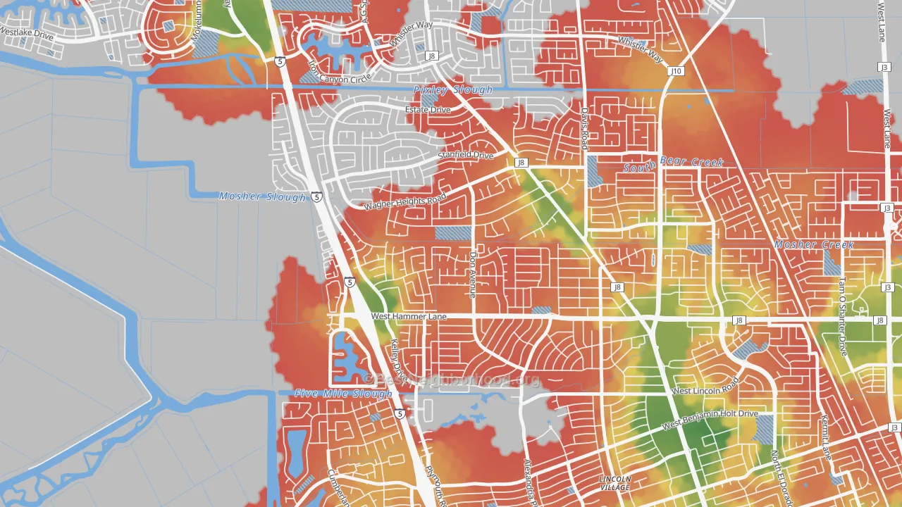 Walk Grade map of Sherwoods Manor, Stockton, CA, walkable areas in green and car-dependent areas in red