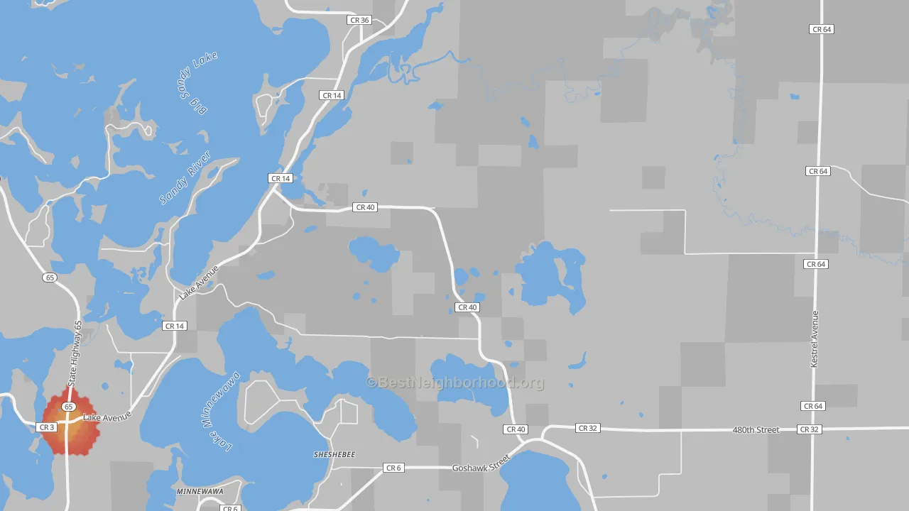 Walk Grade map of Sheshebee, MN, walkable areas in green and car-dependent areas in red