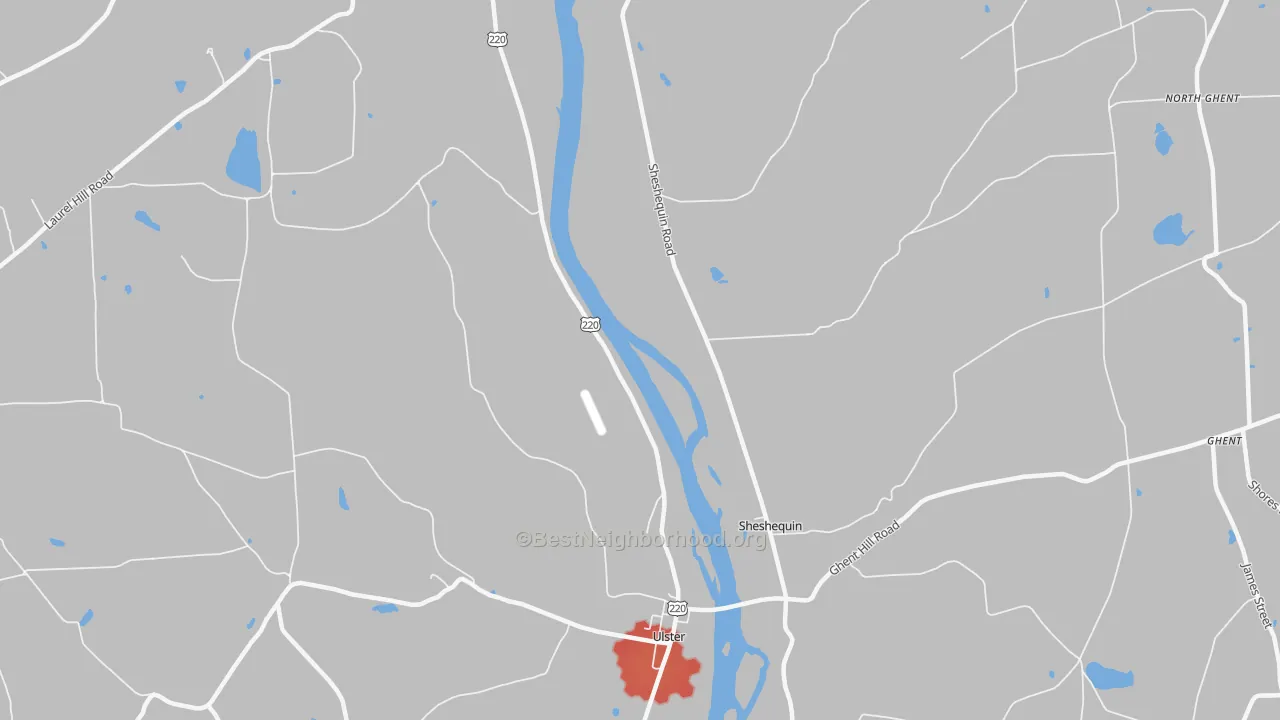Walk Grade map of Sheshequin, PA, walkable areas in green and car-dependent areas in red