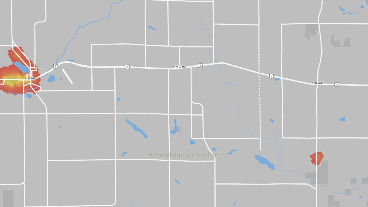Walk Grade map of Shevlin, MN, walkable areas in green and car-dependent areas in red