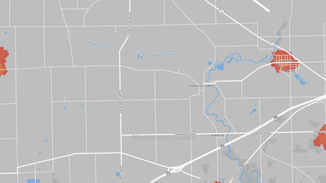 Walk Grade map of Shiawasseetown, MI, walkable areas in green and car-dependent areas in red