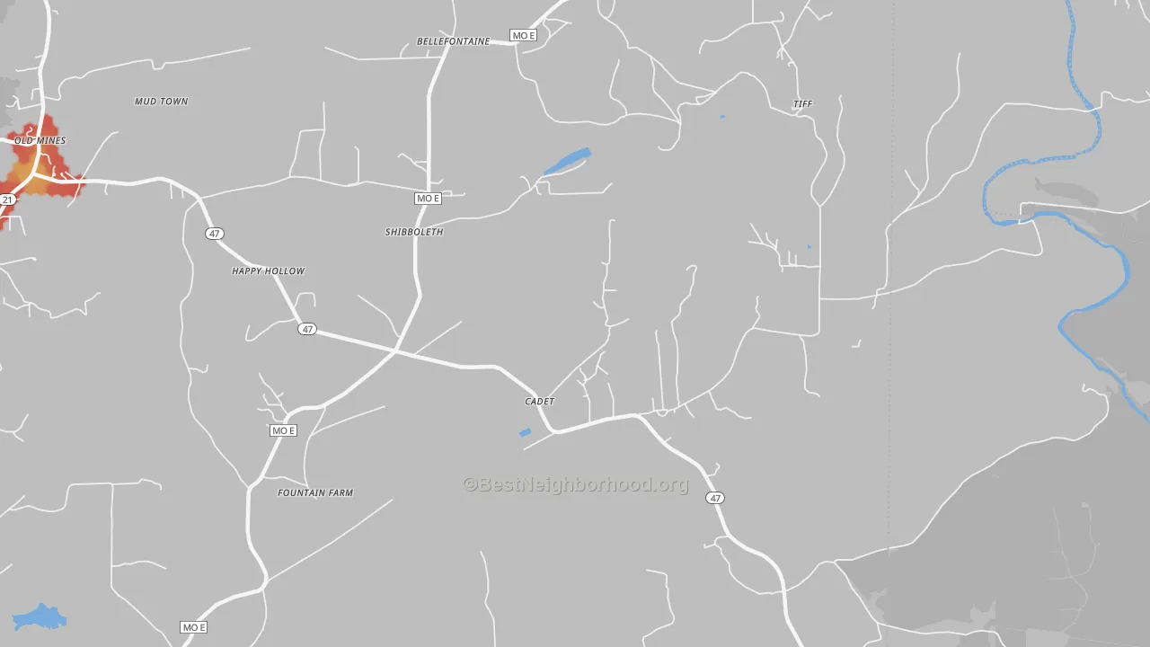 Walk Grade map of Shibboleth, MO, walkable areas in green and car-dependent areas in red