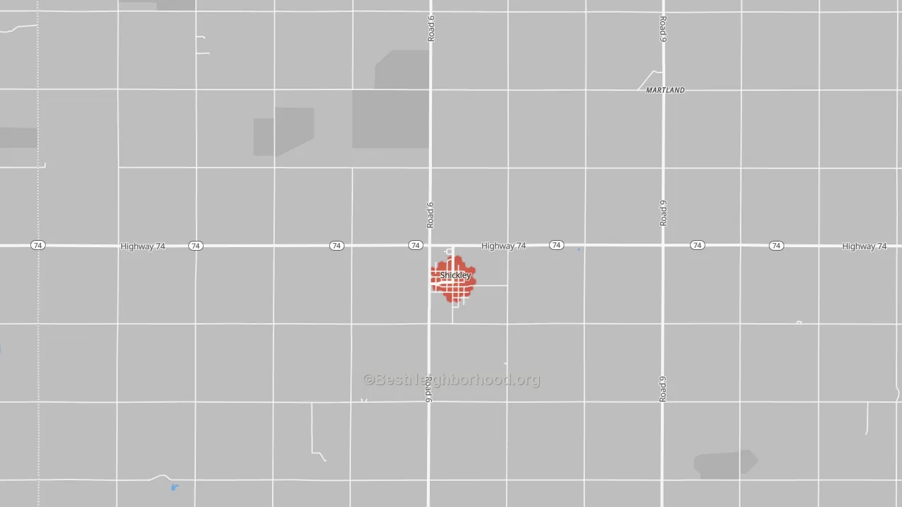 Walk Grade map of Shickley, NE, walkable areas in green and car-dependent areas in red