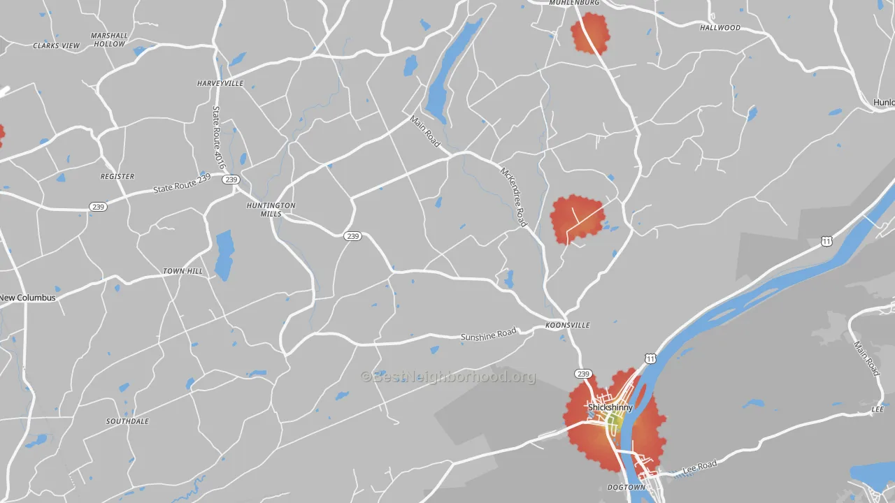Walk Grade map of Shickshinny, PA, walkable areas in green and car-dependent areas in red