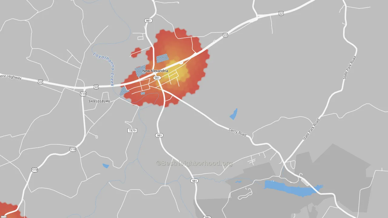 Walk Grade map of Shieldsburg, PA, walkable areas in green and car-dependent areas in red