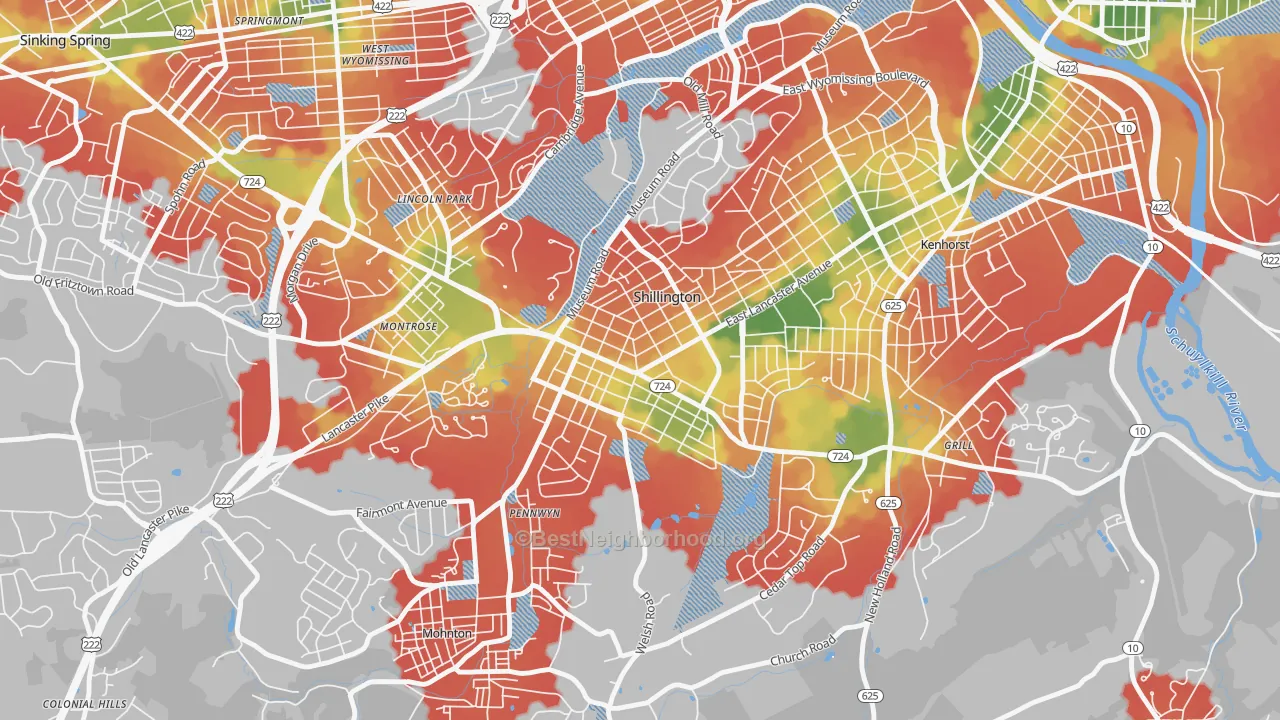 Walk Grade map of Shillington, PA, walkable areas in green and car-dependent areas in red