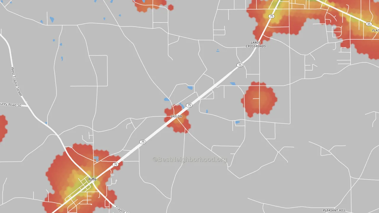Walk Grade map of Shiloh, AL, walkable areas in green and car-dependent areas in red
