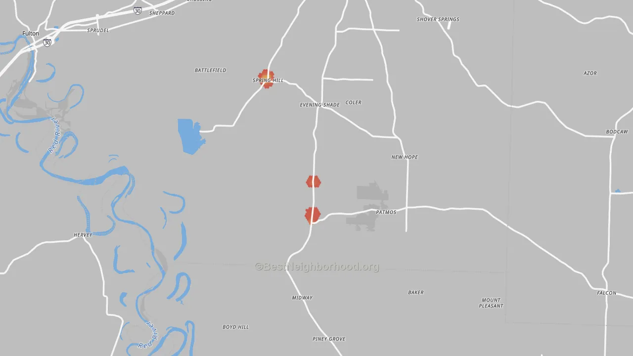 Walk Grade map of Shiloh, AR, walkable areas in green and car-dependent areas in red