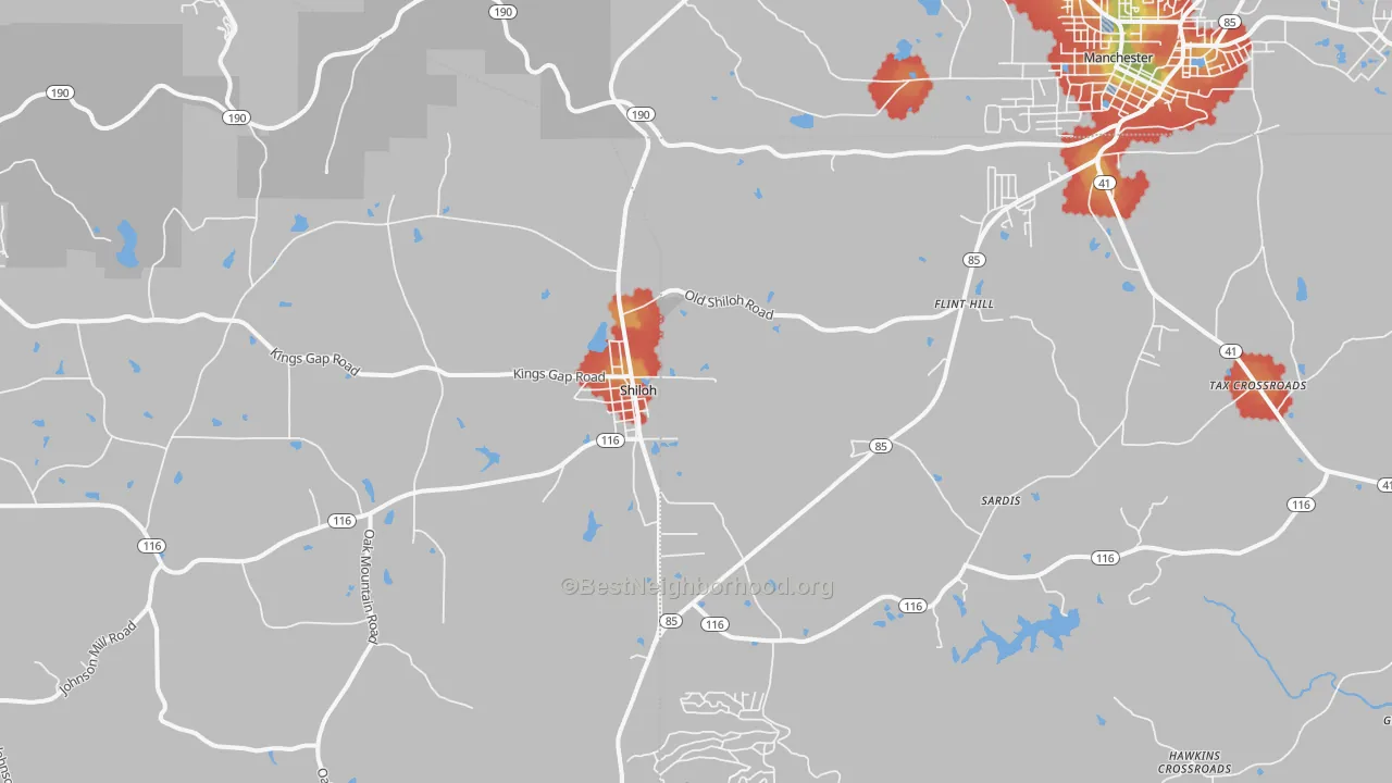 Walk Grade map of Shiloh, GA, walkable areas in green and car-dependent areas in red