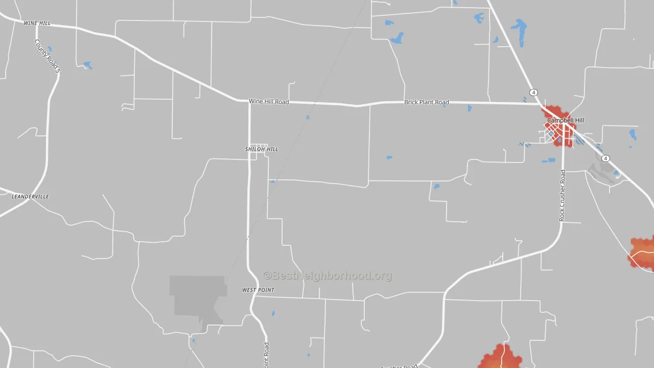 Walk Grade map of Shiloh Hill, IL, walkable areas in green and car-dependent areas in red