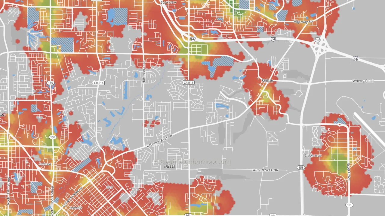 Walk Grade map of Shiloh, IL, walkable areas in green and car-dependent areas in red