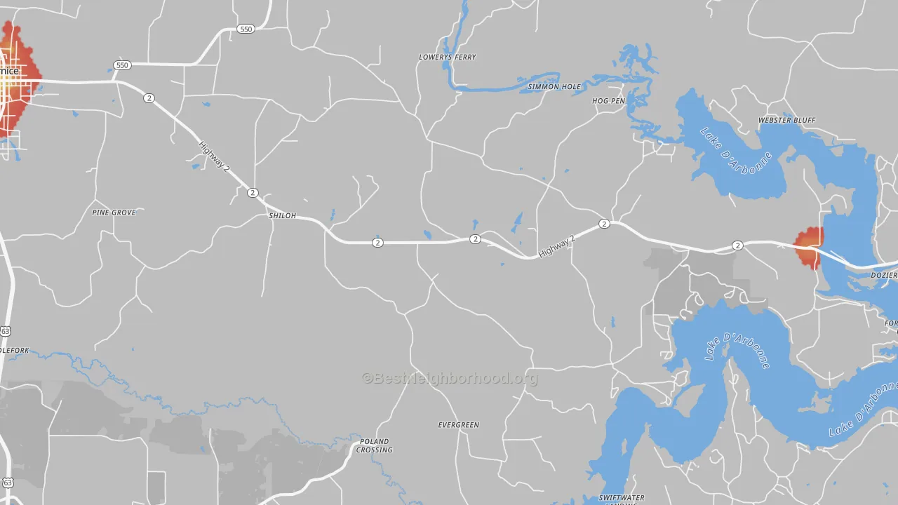 Walk Grade map of Shiloh, LA, walkable areas in green and car-dependent areas in red
