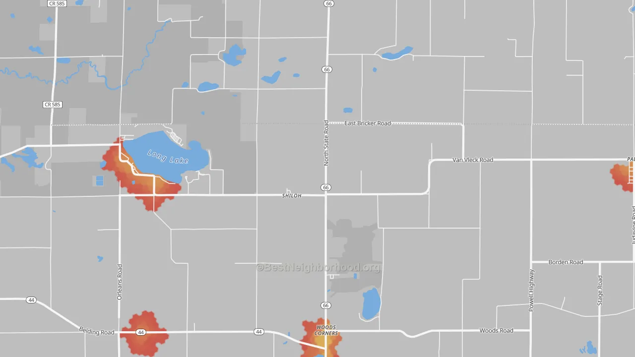 Walk Grade map of Shiloh, MI, walkable areas in green and car-dependent areas in red